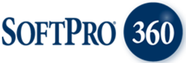 A blue softpro 360 logo on a white background