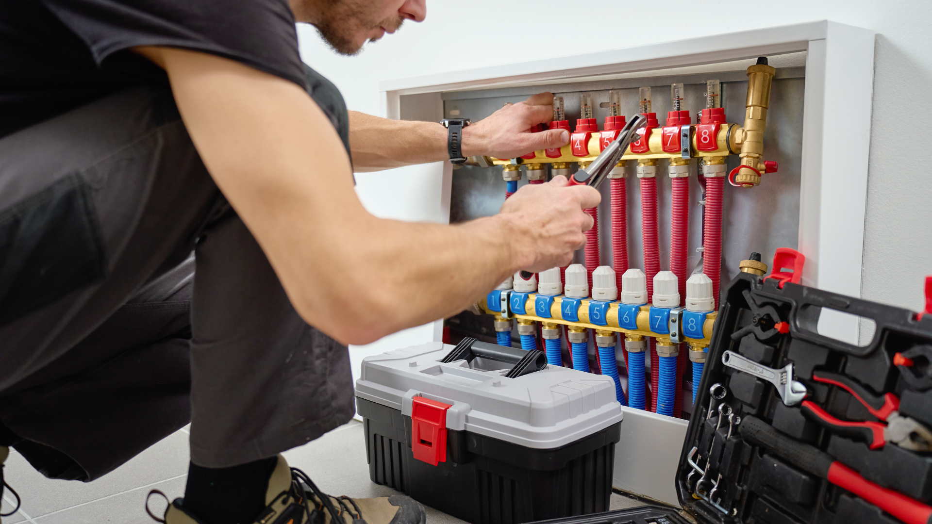 Plumber adjusting pipes inside a white cabinet, using tools from a toolbox on the floor.