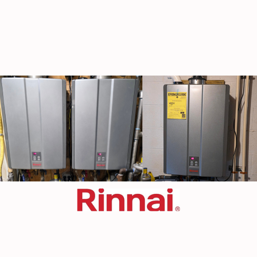 Three Rinnai tankless water heaters mounted on a wall with the Rinnai brand logo displayed below.