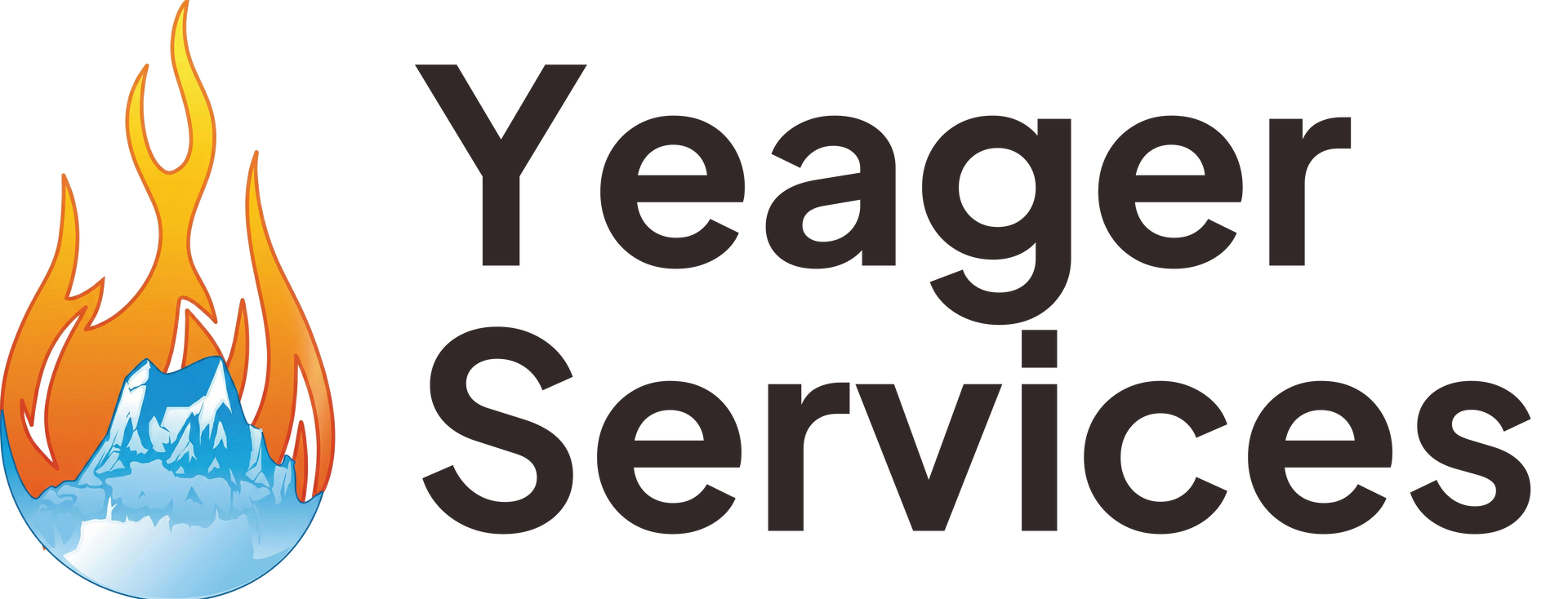 Logo of Yeager Services featuring flames and a mountain over a blue globe.