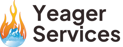 Logo of Yeager Services featuring flames and a mountain over a blue globe.