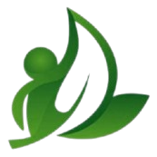 Green figure reaching upwards embraced by a stylized leaf.