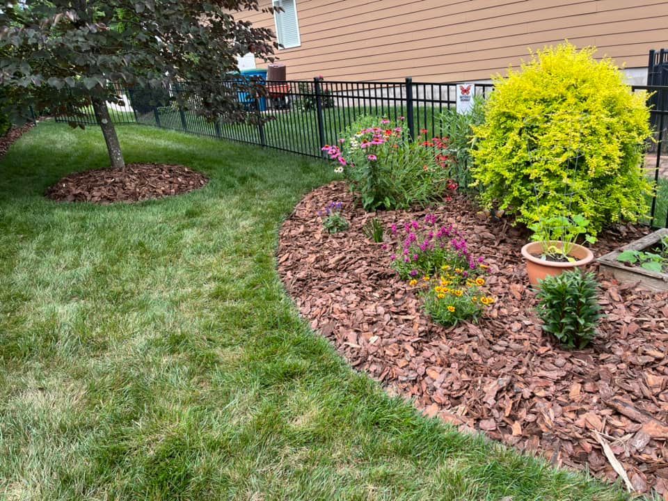 Lawn with a curved flowerbed filled with colorful flowers and a large yellow shrub.