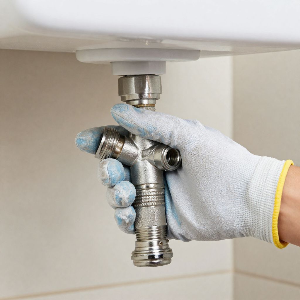 Hands of a plumber working on a sink pipe