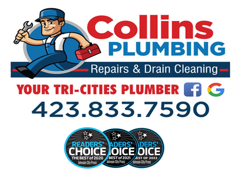 Collins Plumbing Logo with Johnson City Press Reader's Choice Award Winner for Plumbing Award Icons for 2020, 2021, 2022