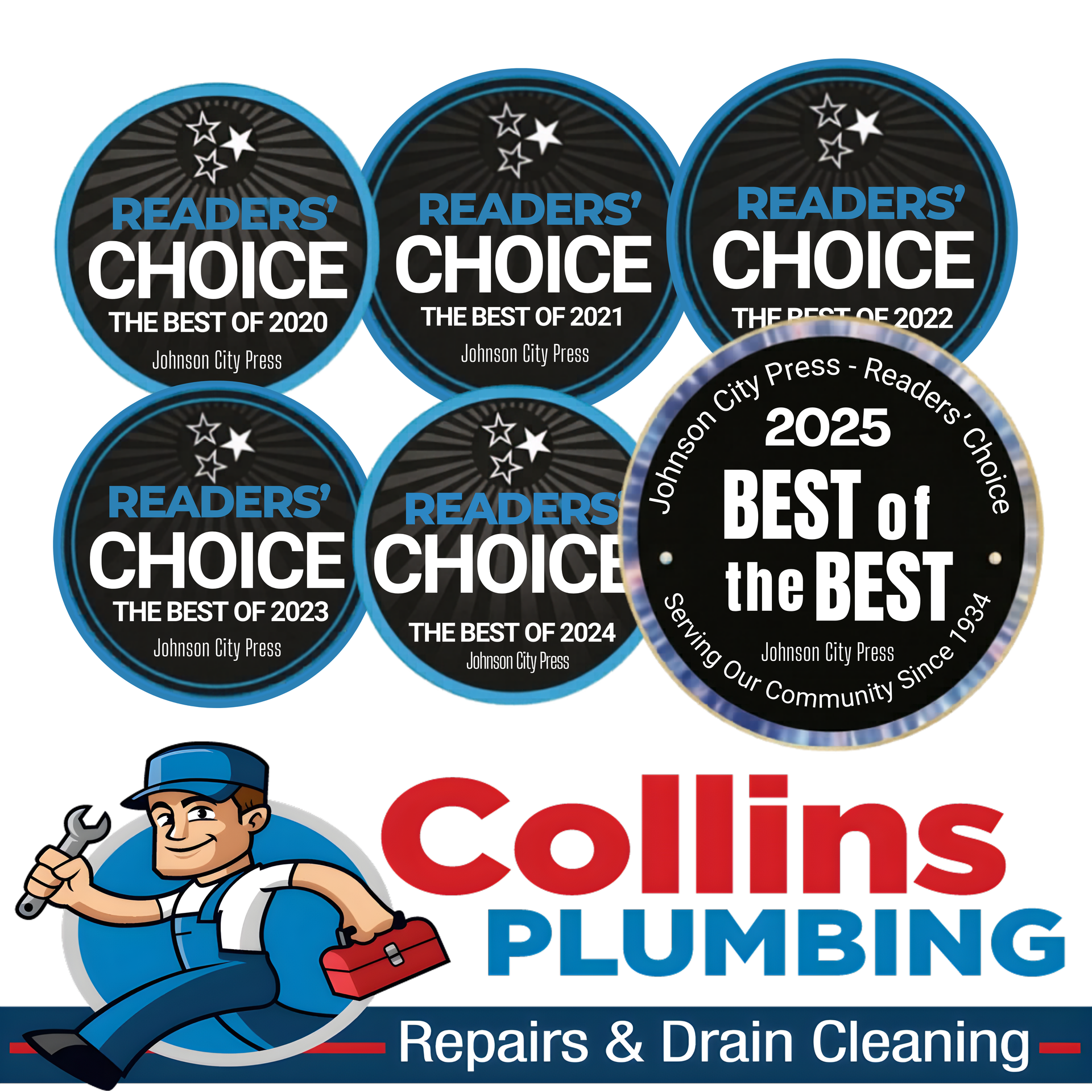 Collins Plumbing Logo with Johnson City Press Reader's Choice Award Winner for Plumbing Award Icons for 2020, 2021, 2022, 2023, 2024, 2025
