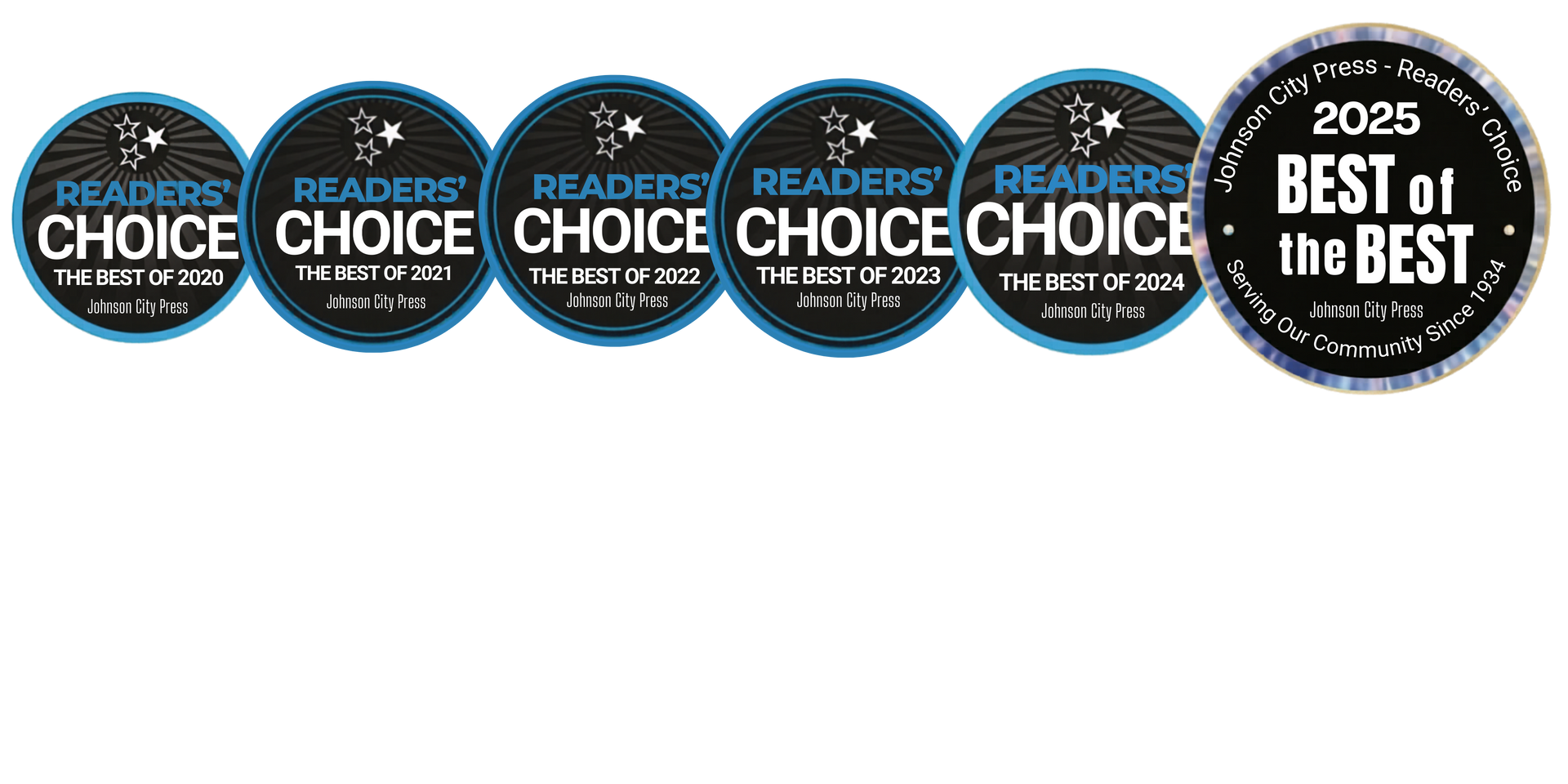 Johnson City Press Reader's Choice Award Icons for 2020, 2021, 2022, 2023, 2024 & 2025