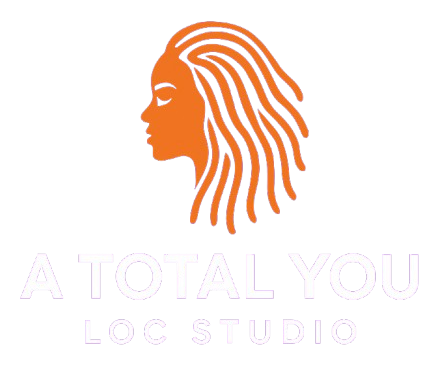 Orange silhouette of a woman with locs above text, "A Total You Loc Studio" in white.