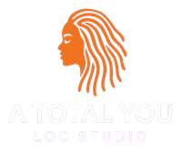 Orange silhouette of a woman with locs above text, "A Total You Loc Studio" in white.