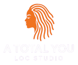 Orange silhouette of a woman with locs above text, "A Total You Loc Studio" in white.