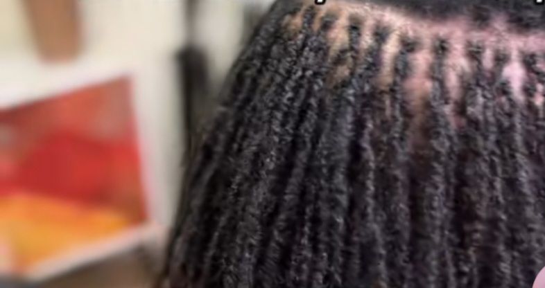 Close-up of a person's hair styled in small, neat, dark-colored locs.
