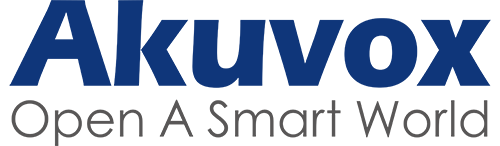 Le logo d'Akuvox est bleu et blanc et dit ouvrir un monde intelligent