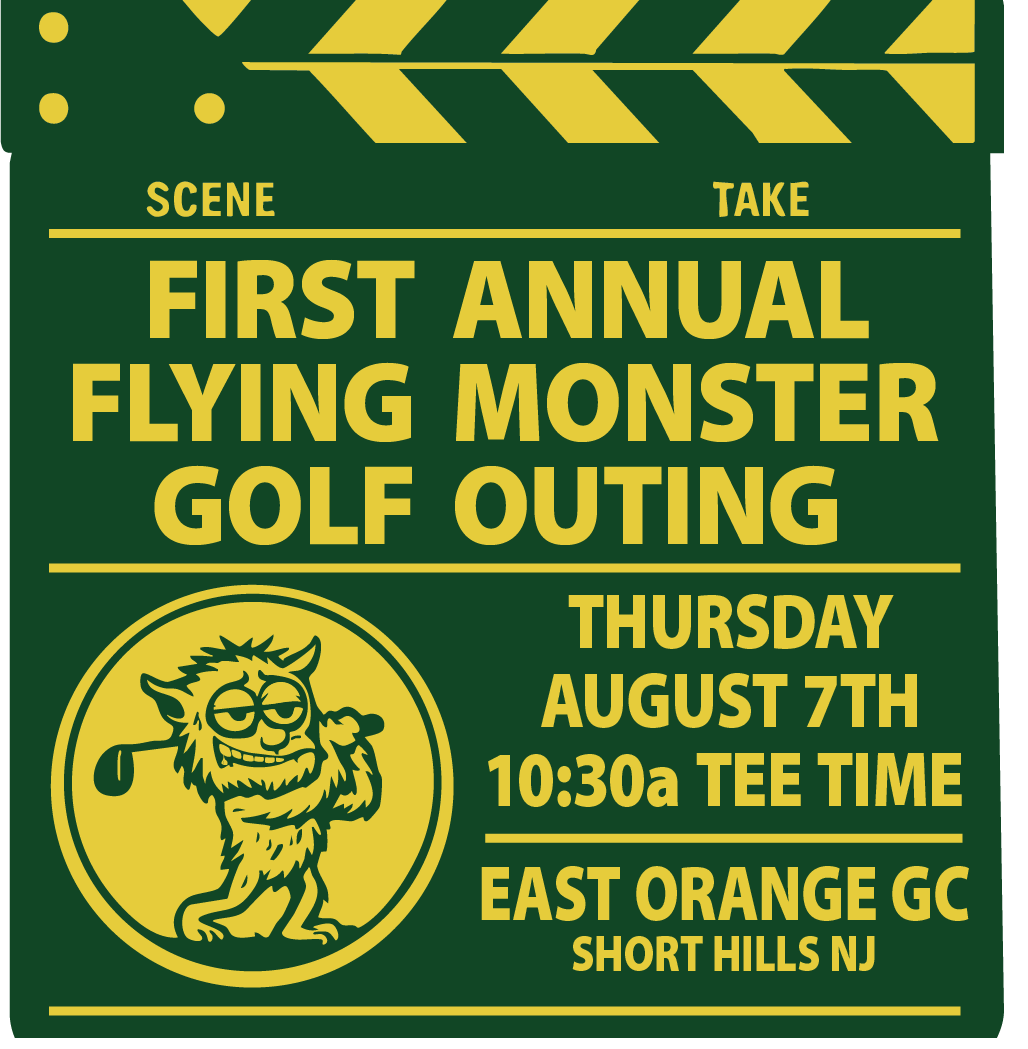 Green and yellow golf outing announcement. Features a cartoon monster golfing, with event details: