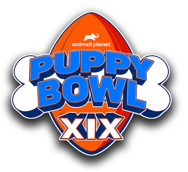 A logo for puppy bowl xix with a football in the background