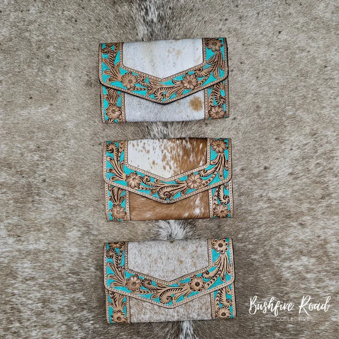 Three Leather Wallets With Floral Tooling And Cowhide Or Suede Accents — Bushfire Road Collective in Mareeba ,QLD