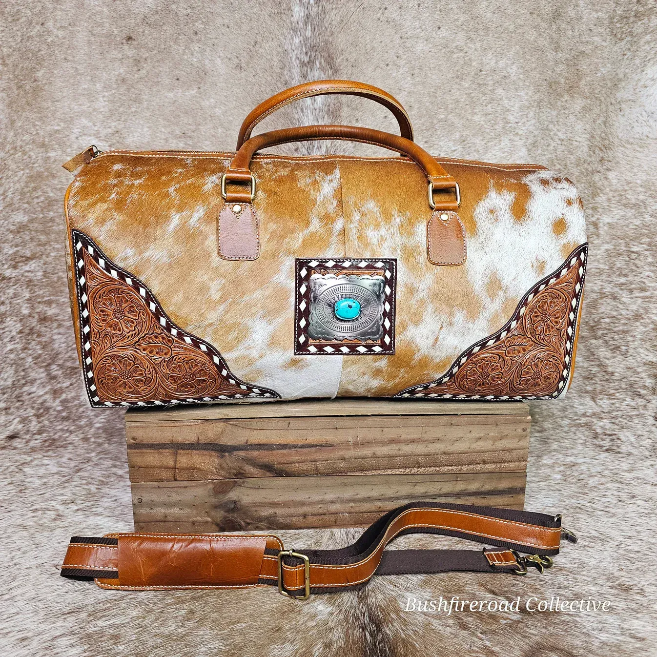 Brown Leather Duffel Bag With Brown Hair On Hide Front, Shoulder Strap — Bushfire Road Collective in Mareeba ,QLD