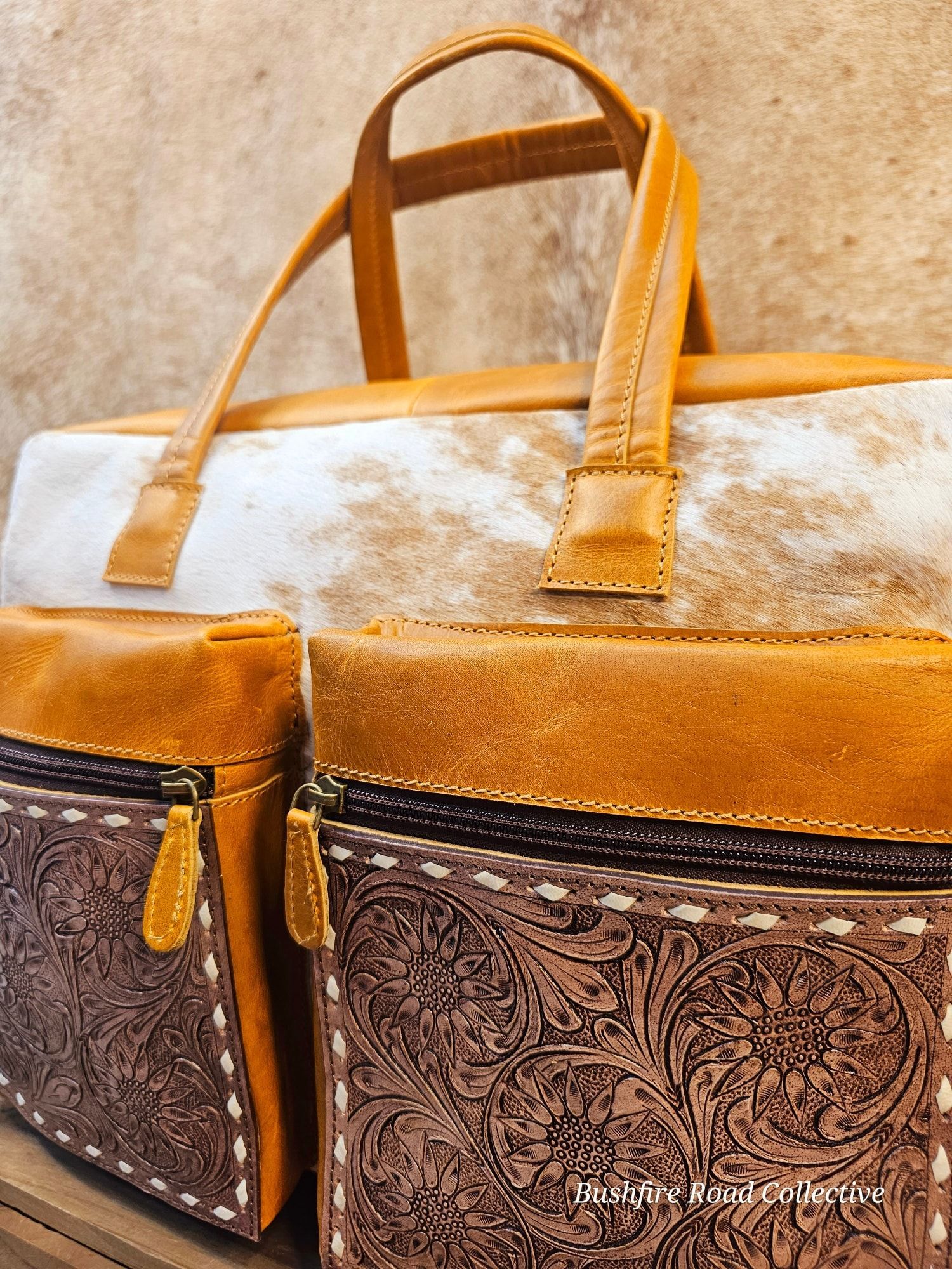 Tan And Brown Leather Bags With A Floral Pattern — Bushfire Road Collective in Mareeba ,QLD
