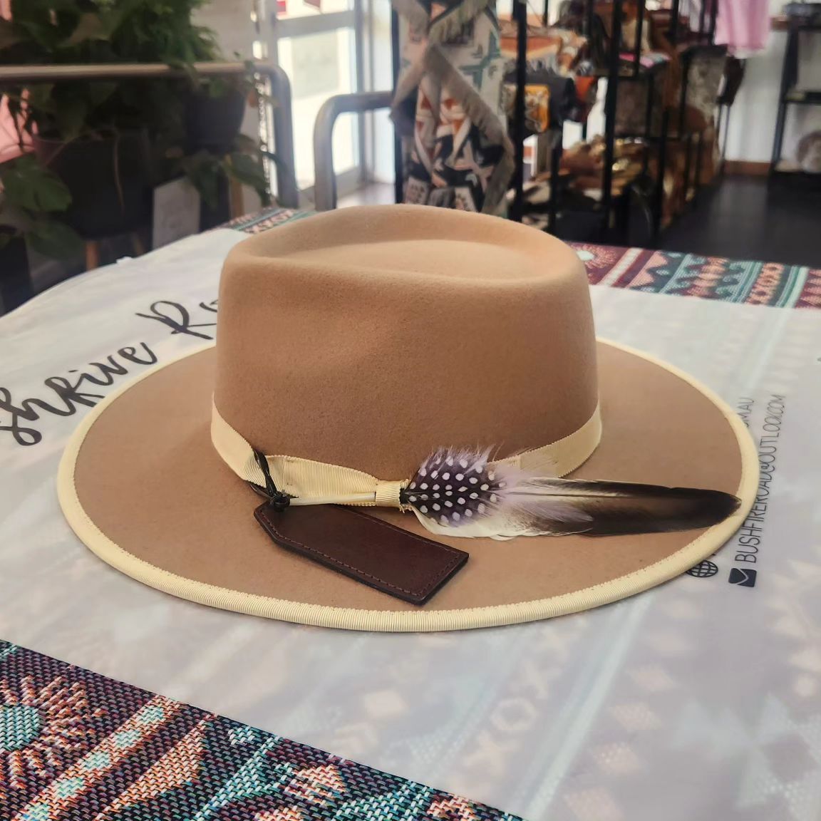 Tan Fedora Hat With Cream Trim, Ribbon — Bushfire Road Collective in Mareeba ,QLD