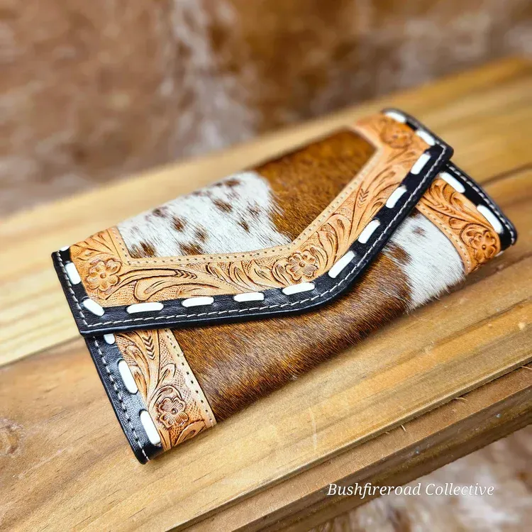 Brown and White Cowhide Wallet With Tooled Leather Accents — Bushfire Road Collective in Mareeba, QLD