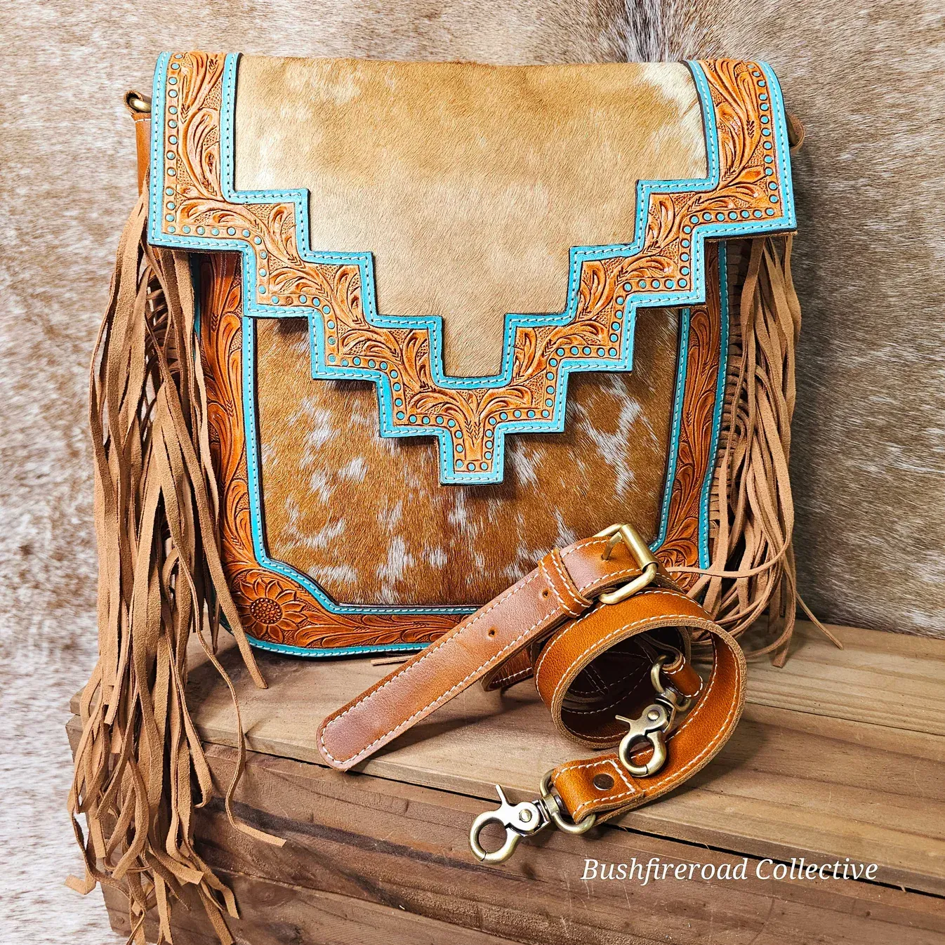 Tan Leather Handbag With Sunflower Design, Brown Cowhide Center, And Fringe — Bushfire Road Collective in Mareeba ,QLD