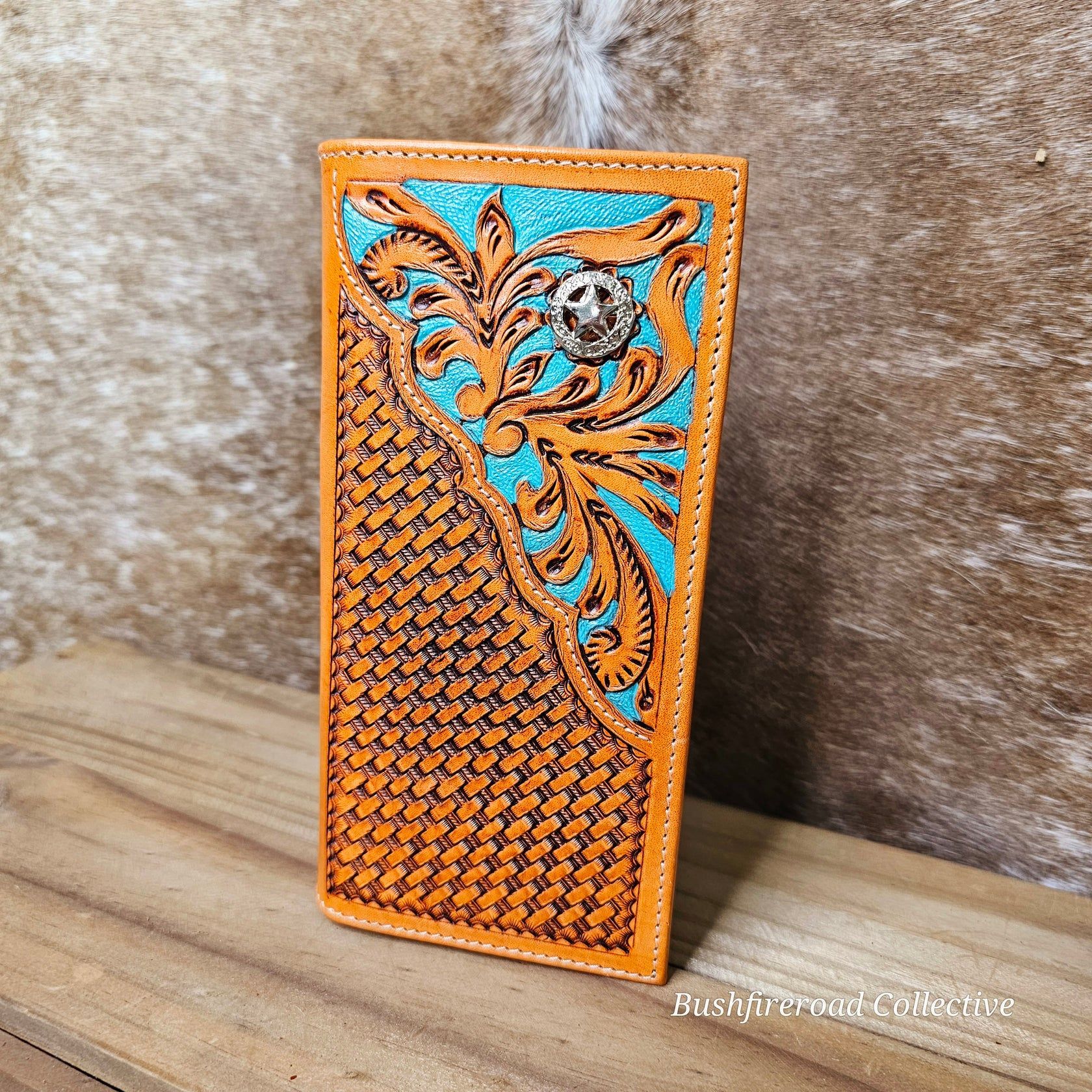 Orange Leather Wallet With Turquoise Floral Design And A Silver Button — Bushfire Road Collective in Mareeba ,QLD