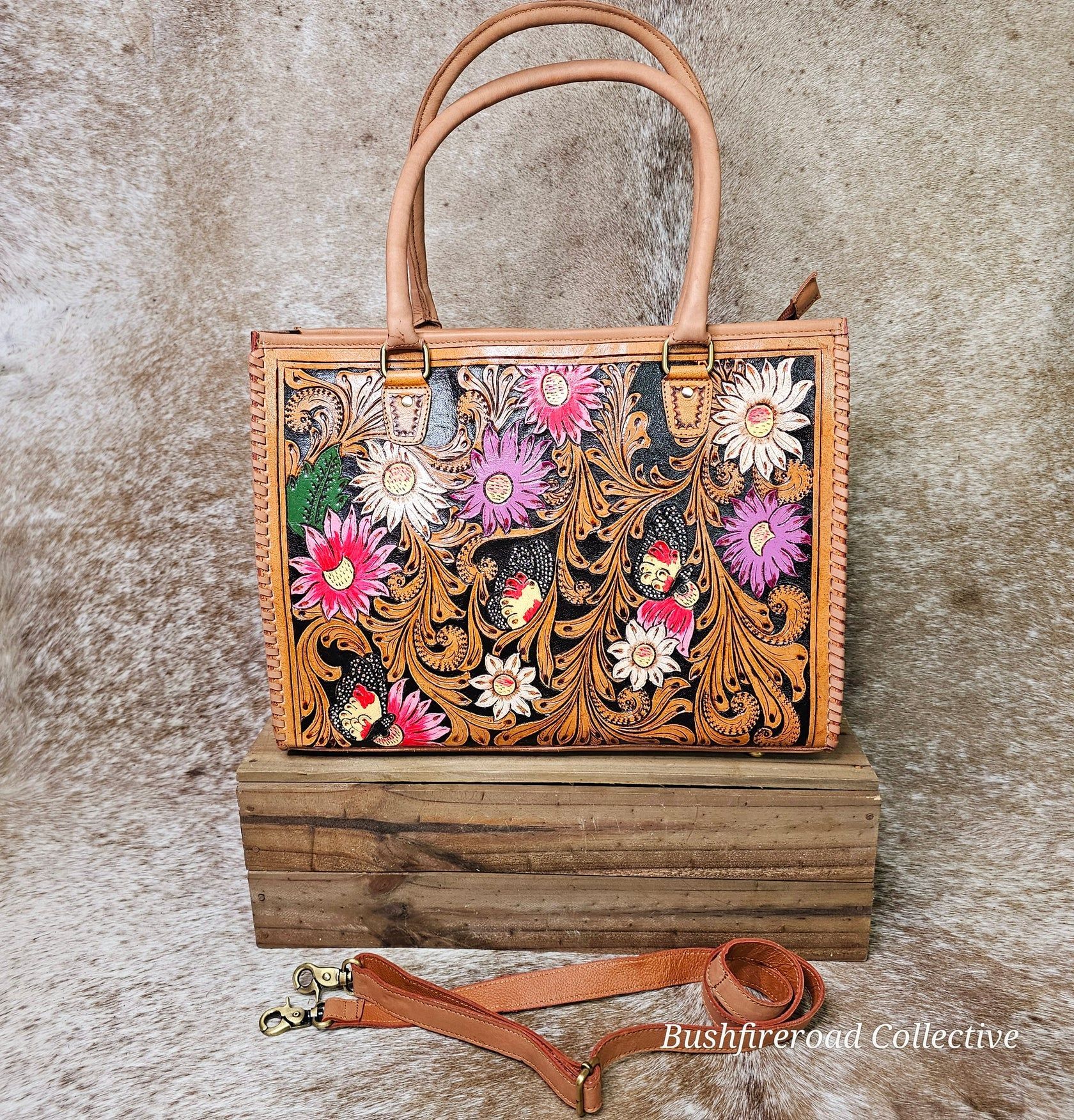 Tan Leather Tote Bag With Floral Design And Shoulder Strap — Bushfire Road Collective in Mareeba ,QLD