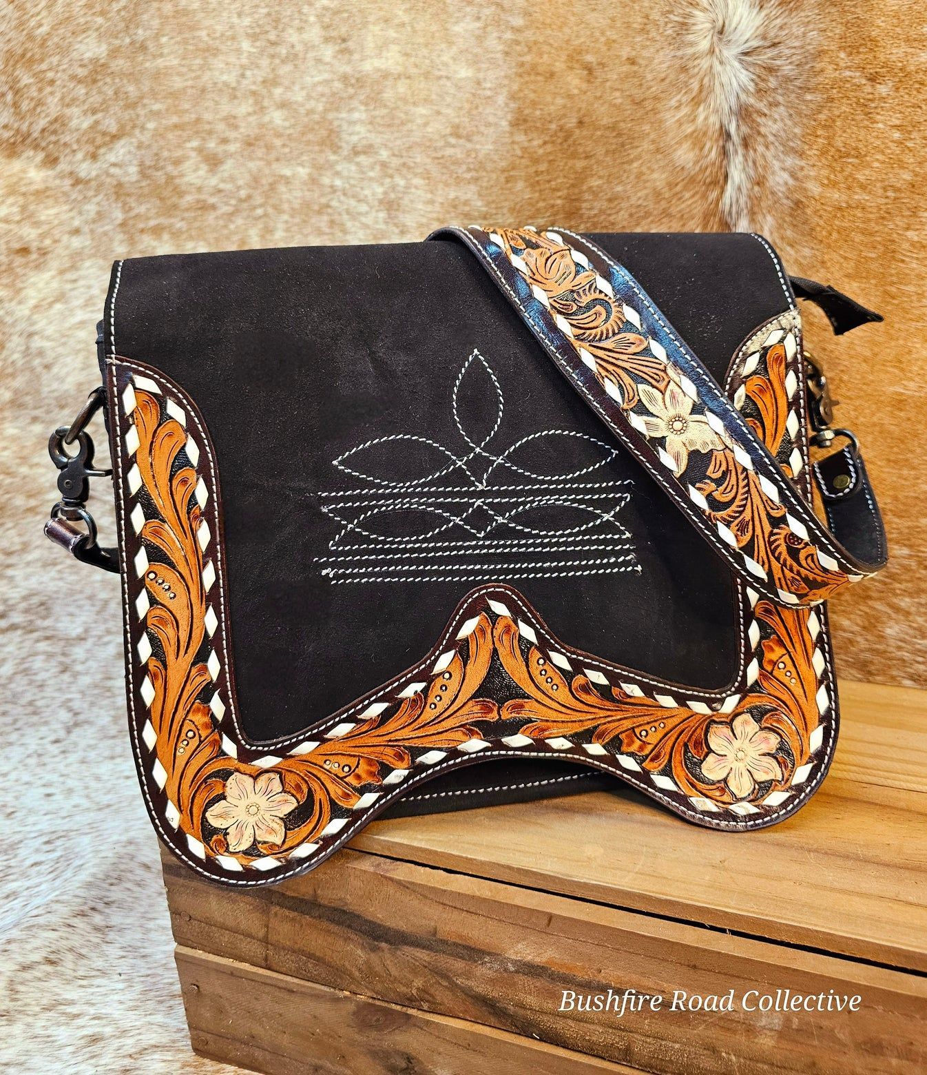 Black Leather Crossbody Bag With Floral Tooled Strap — Bushfire Road Collective in Mareeba ,QLD