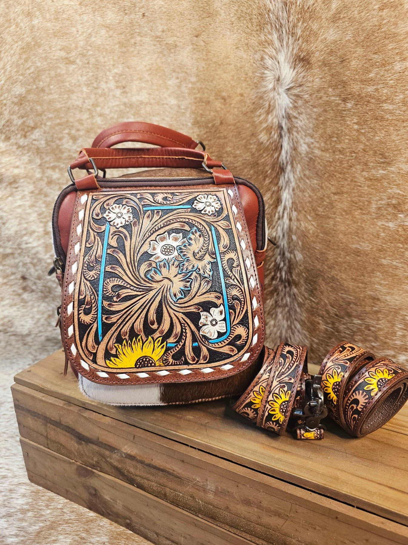 Cowhide Crossbody Bag With Tooled Leather Floral Design And Turquoise Accents — Bushfire Road Collective in Mareeba ,QLD