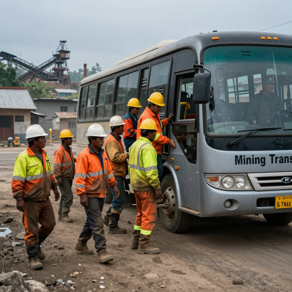 Trabajadores con uniformes de alta visibilidad subiendo a un autobús en una mina.
