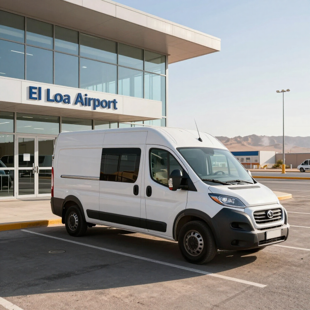 Una furgoneta comercial blanca aparcada frente a la moderna fachada de cristal del aeropuerto