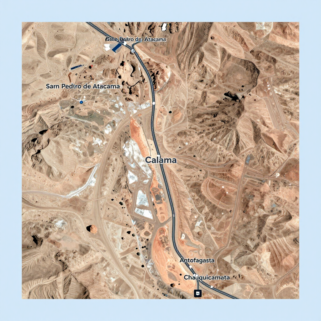 Vista satelital que muestra la ciudad de Calama, Chile, con una carretera que atraviesa un paisaje desértico.