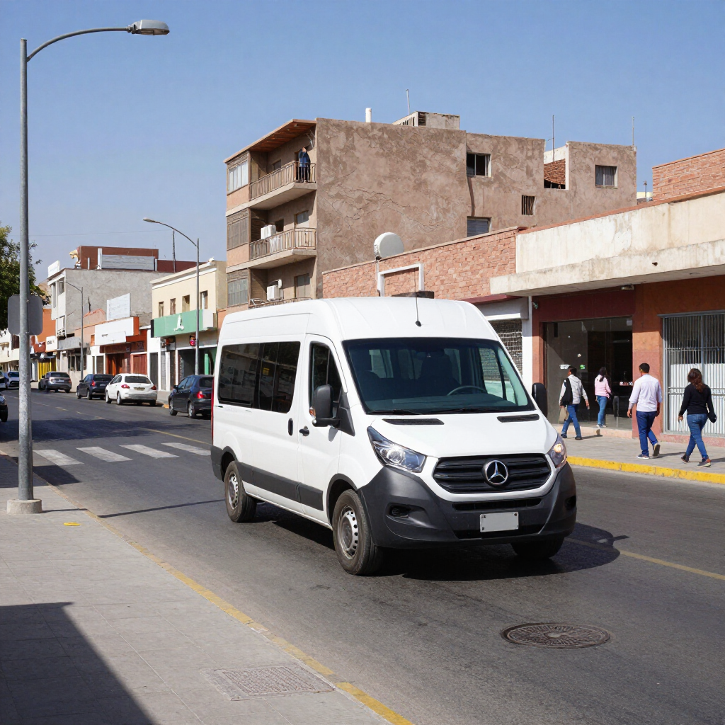 Una furgoneta Mercedes-Benz blanca circula por una soleada calle de la ciudad