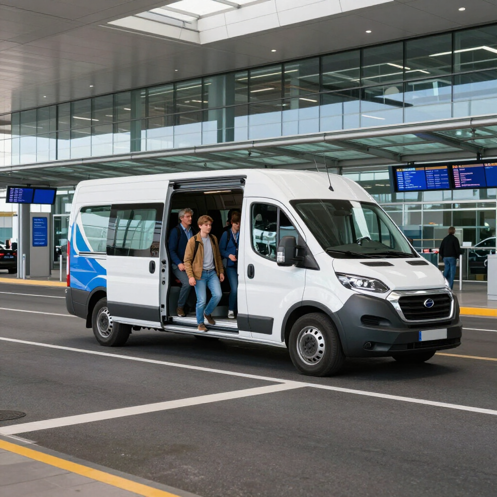 Una furgoneta blanca de pasajeros con una puerta lateral abierta está aparcada en la entrada de una terminal del aeropuerto.