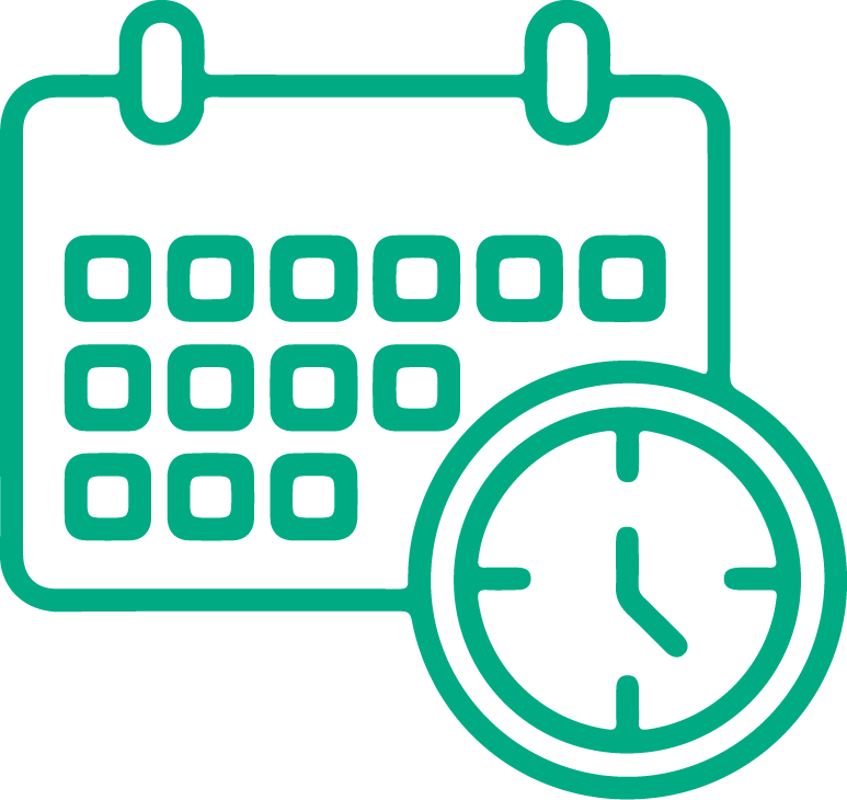 Green calendar and clock icon.