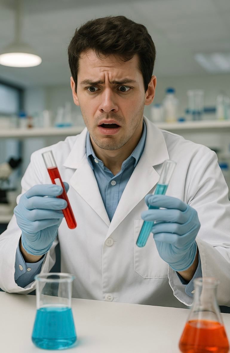 Scientist in a lab holding two test tubes, looking concerned, with blue and orange liquids on the table