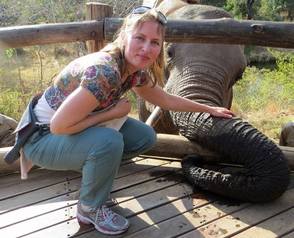 woman touching elephant trunk