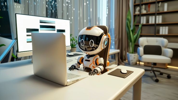 Robot, with orange accents, works on laptop at desk in a home office.