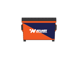 Orange and blue cooler with black top and logo: “ATLAST: Built Tough, Built Wilde”.