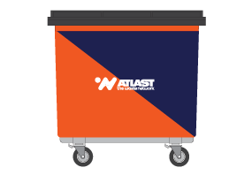 Orange and blue commercial waste container with logo, resting on wheels.