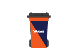 Orange and navy waste bin with wheels, black lid, and 
