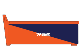 Orange and navy storage bin with angled color-block design. 