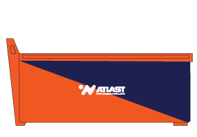 Orange and blue ATLAST storage container with logo.