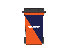 Orange and blue wheeled trash bin with the 