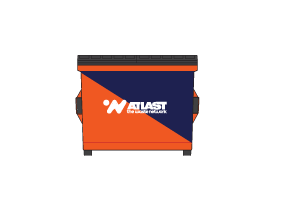 Orange and blue dumpster with 