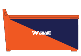 Orange and navy blue box with 