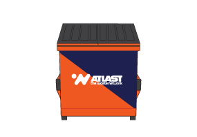 Orange and blue dumpster with black lid; logo: 