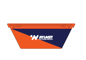 Orange and navy waste container with 