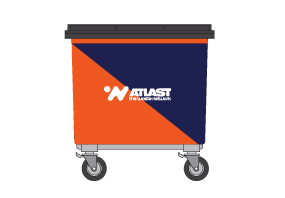 Orange and blue dumpster with wheels and 