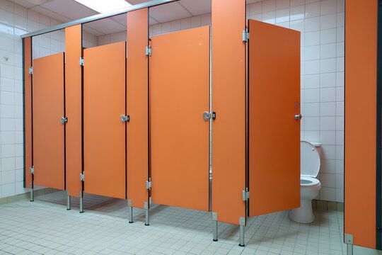 Orange restroom stalls in a tiled public bathroom. One stall has a visible toilet.