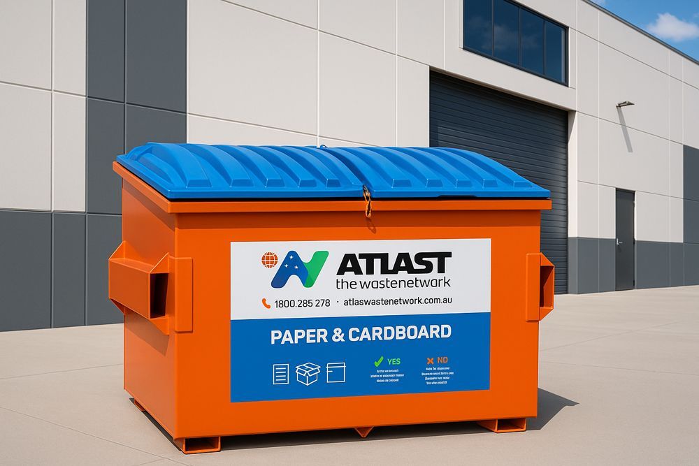 Orange paper & cardboard recycling dumpster with blue lid in front of a gray building.